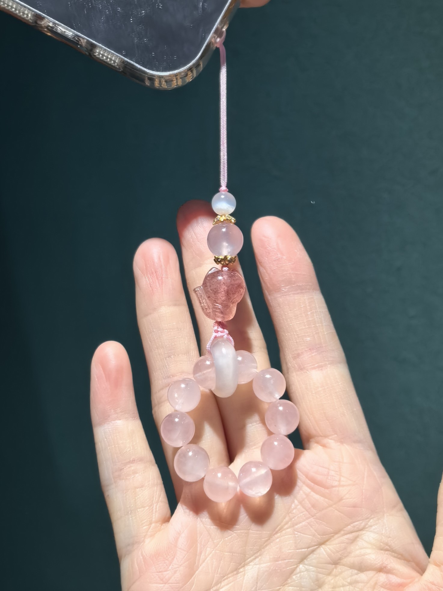 天然粉水晶 草莓晶狐狸挂件吉祥物挂件