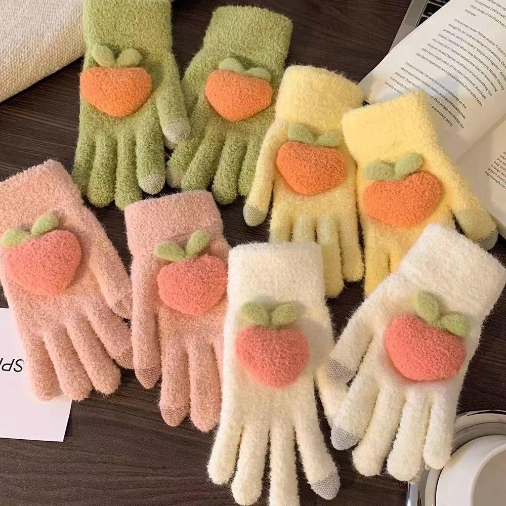 lucky persimmon ~ cute knitting knitting wool gloves women's winter touch screen warm-keeping and cold-proof plush student cycling gloves