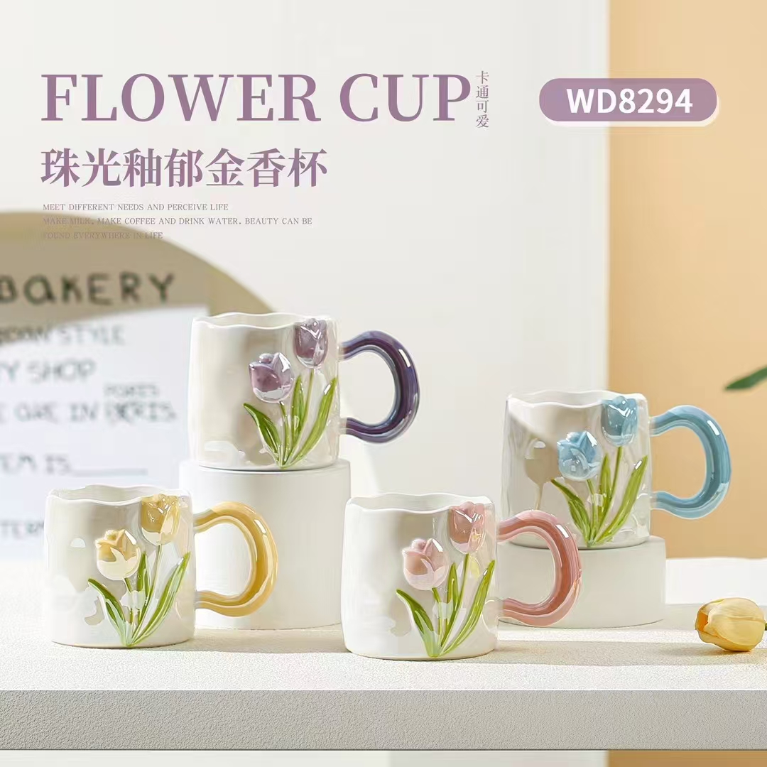 New ceramic tulip flower cup, ceramic relief flower cup, bright glaze electroplated flower cup, new ceramic cup, gift cup and souvenir cup details Picture