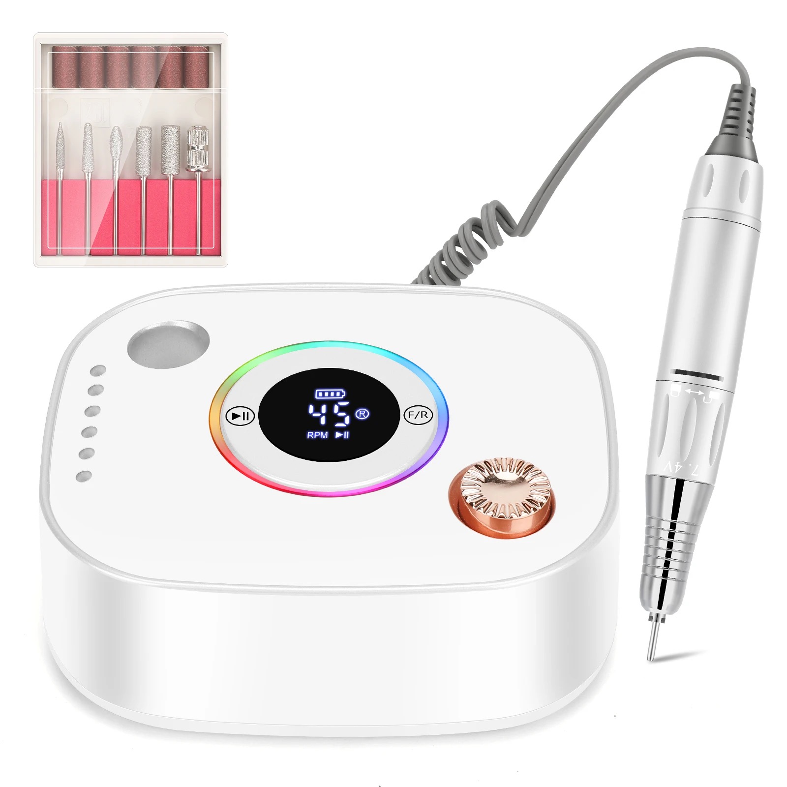2024 New cross-border exclusive 45,000 RPM battery-powered nail polish machine with colorful light strips details Picture
