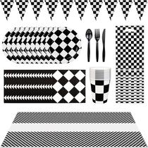 black and white plaid dinner party scene layout supplies checkered disposable paper plate paper cup tableware set wholesale