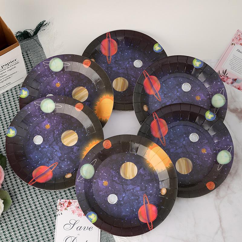disposable plate 9-inch wide pattern round paper pallet planet printing party disposable paper tray paper pallet white cardboard paper pallet 9-inch plate