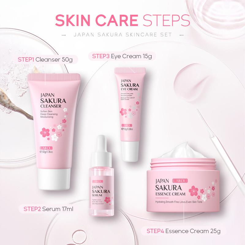cross-border laikou japanese cherry blossoms skin care product set 4-piece cleansing essence eye cream face cream factory wholesale Specification drawing