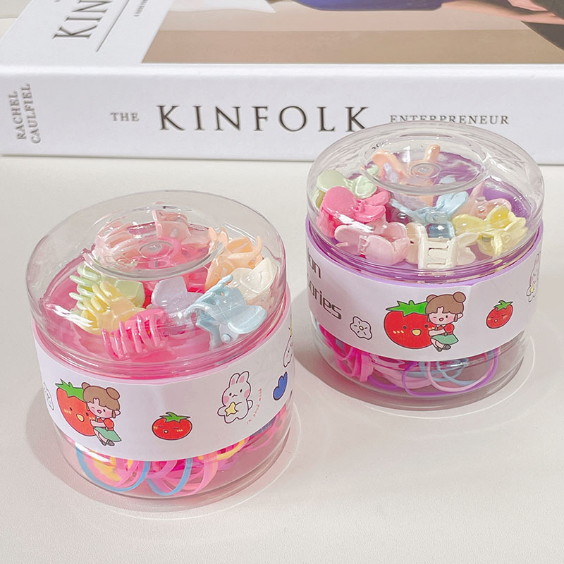 宝宝头绳不伤发一次性皮筋小爪组合儿童饰品套装抓夹宝宝生日礼物罐装彩色皮筋长拉不断