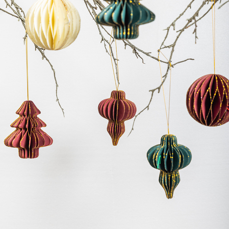 纸灯笼圣诞树跨境圣诞树装饰蜂窝球灯笼折纸挂件结婚家居布置挂饰酒红色圣诞球细节图