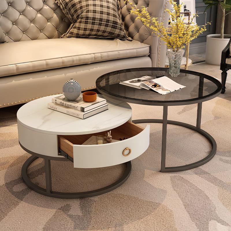 living room home light luxury and simplicity combination stone plate minimalist small table cream style small apartment italian glass round coffee table full figure