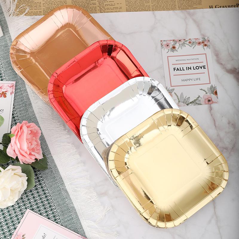 disposable paper tray gold and silver plate 7-inch square paper plate white cardboard plate glossy gold and silver plate square plate party paper plate