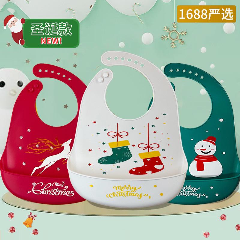 cross-border christmas style baby eating bib silicone bib baby food infant bib waterproof eating bib