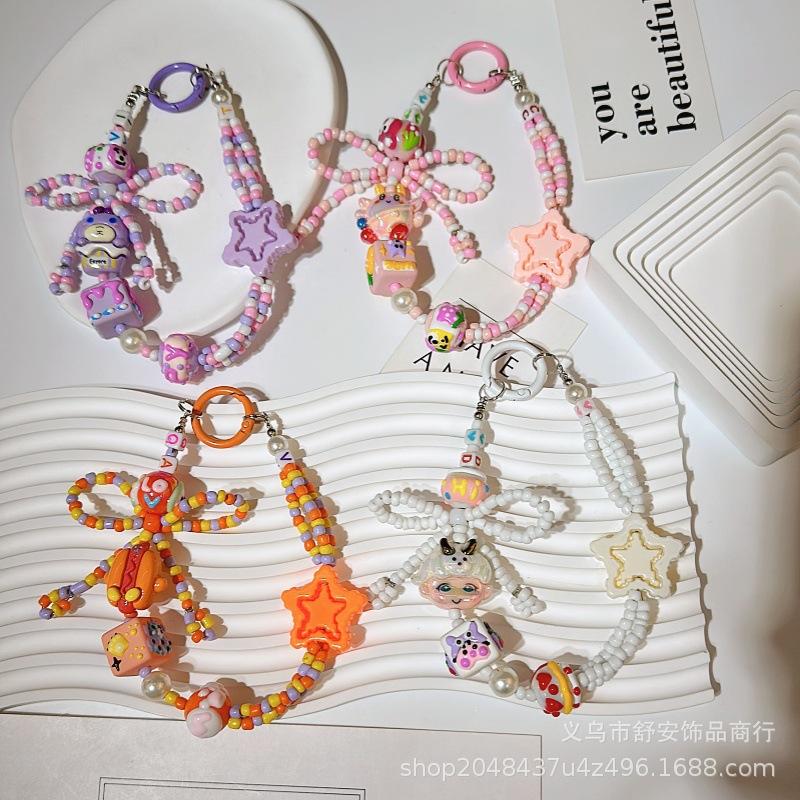 new acrylic love hand-painted beads mobile phone charm keychain pendant candy color bead bow accessories jewelry
