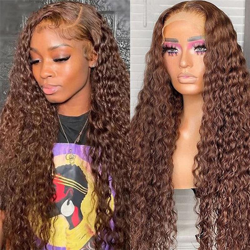 13*4 front lace wig female brown human hair wig water wave human hair lace wig