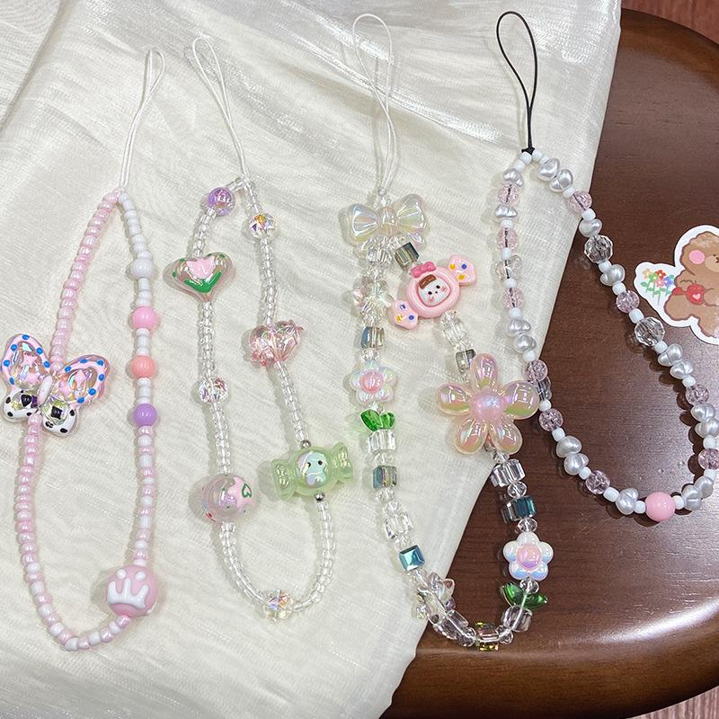 fresh laser hand-painted rabbit lanyard phone chain pendant cute candy love beads ccd camera pendant for women