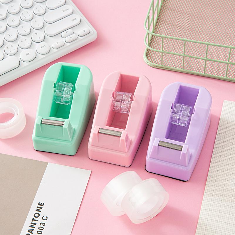 macaron color tape base small packer tape dispenser suit office portable labor-saving manual tape cutter details Picture