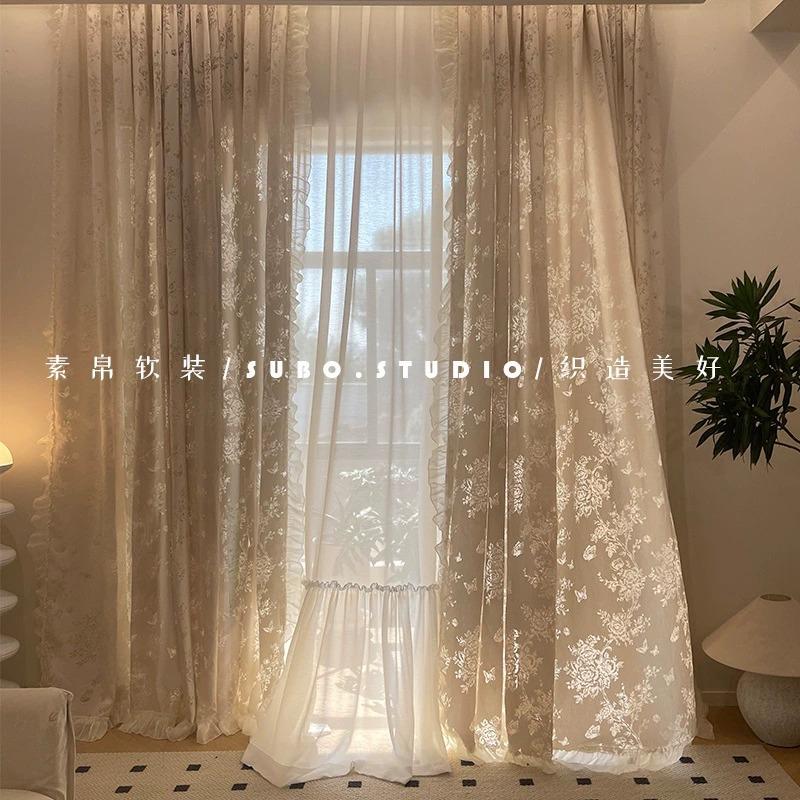 french butterfly yarn beige vintage light and shadow yarn window screen mesh curtains girl dream skirt floor window curtain