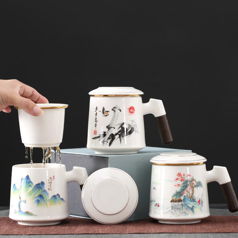 white jade gilding cup tea water separation tea making ceramic cup gift with cover strain personal tea cup wholesale