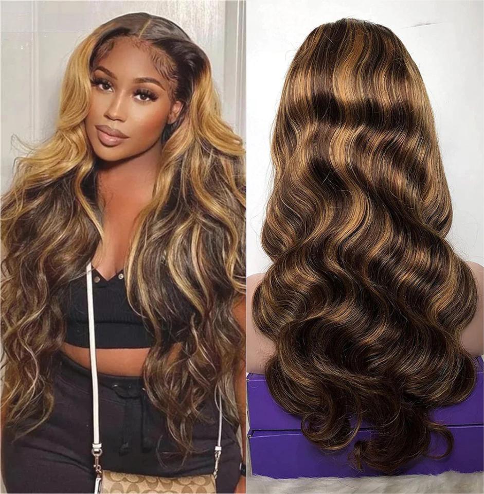 150% 4x4 body wave lace wig human hair highlight p4/27