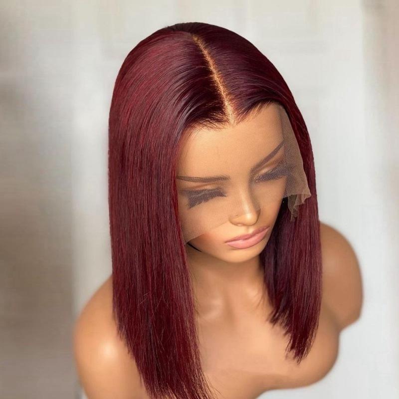 Cross-Border Wig Wine Red Real Human Hair Wave Head Cover Bone Straight Human Hair Bob Wig