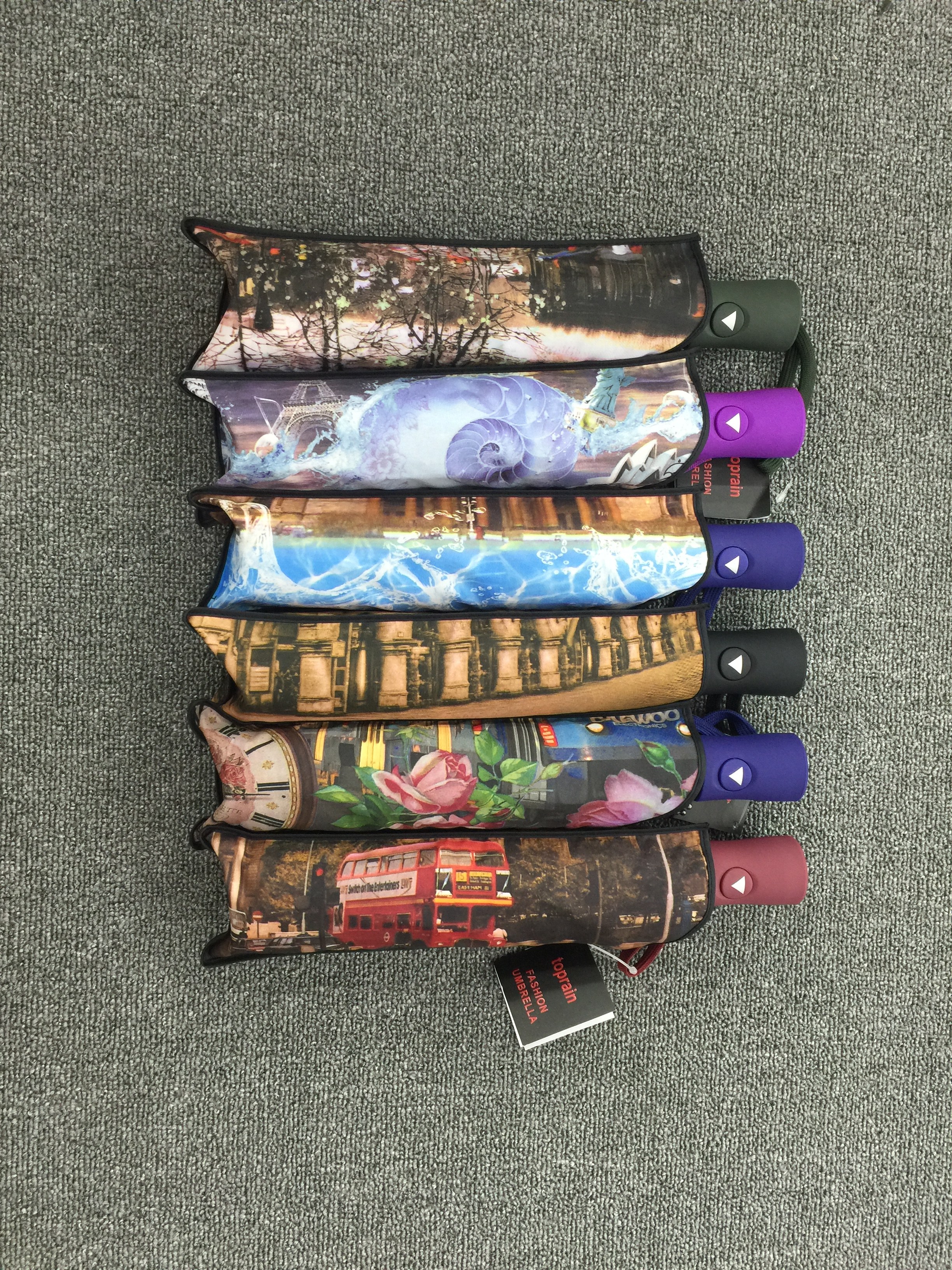 风景铁塔建筑三折自动晴雨伞，外贸原单 晴雨伞 太阳伞