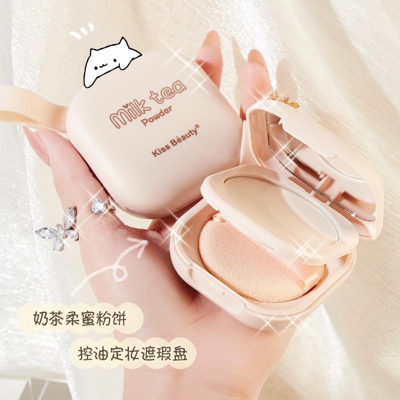 kiss beauty milk tea soft honey powder cake delicate fit invisible pore concealer oil control waterproof makeup powder cake