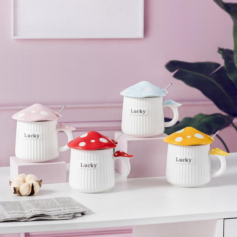 creative mushroom ceramic cup cartoon couple cup office household ceramic cup with cover spoon milk cup