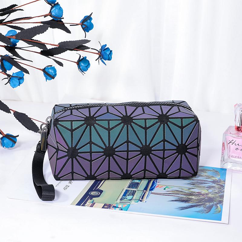 韩版菱格夜光PU化妆包 旅行收纳包 方形几何炫彩女士宴会化妆包