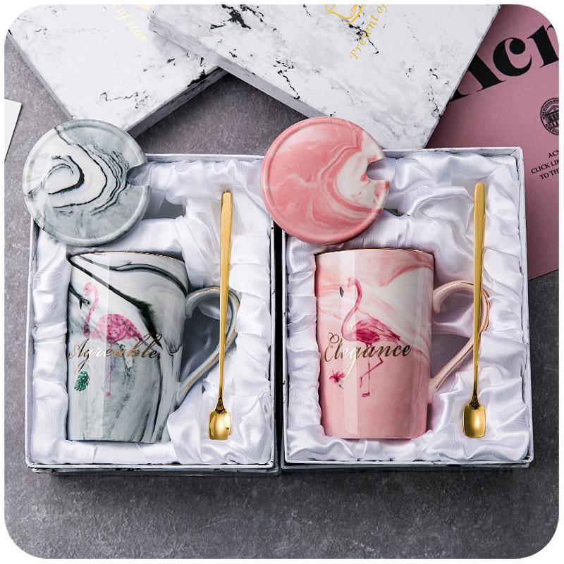 Marbling Ceramic Cup Gift Set Mug Coffee Cup Couple Creative Cup with Spoon Lid Gift