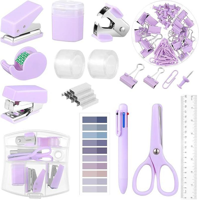 Cross-Border Exclusive Purple Mini Stapler Set Deformation Tape Cutter Index Sticker Tape Amazon Set full figure