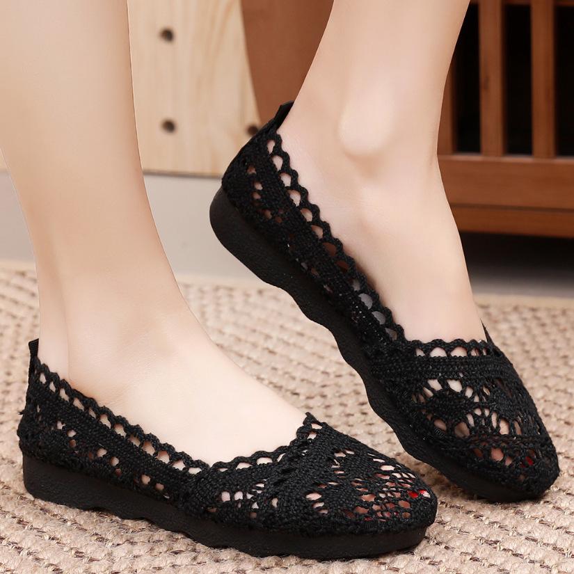 summer new old beijing female tennis shoes breathable mesh cloth shoes ethnic style hollow out lace shoes flat pregnant women's shoes