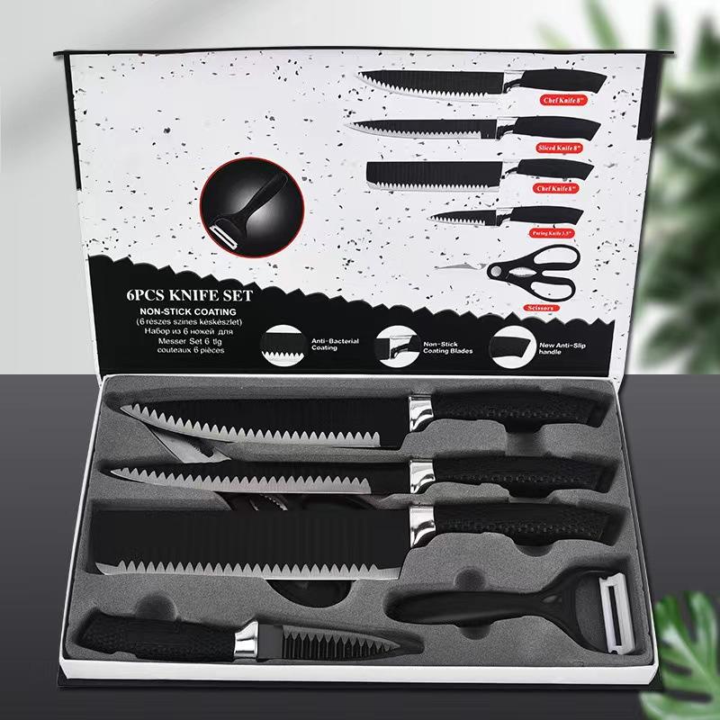 factory direct sales mesh handle six-piece knife set stainless steel embossing knife chef knife kitchen knife fruit knife paring knife scissors full figure