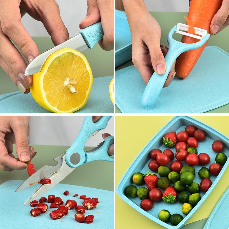 New Kitchen Knife Hairdressing Tools Five-Piece Set Wheat Straw Fruit Knife Scissors Planer Household Complementary Food Chopping Board Outdoor Portable Case Specification drawing