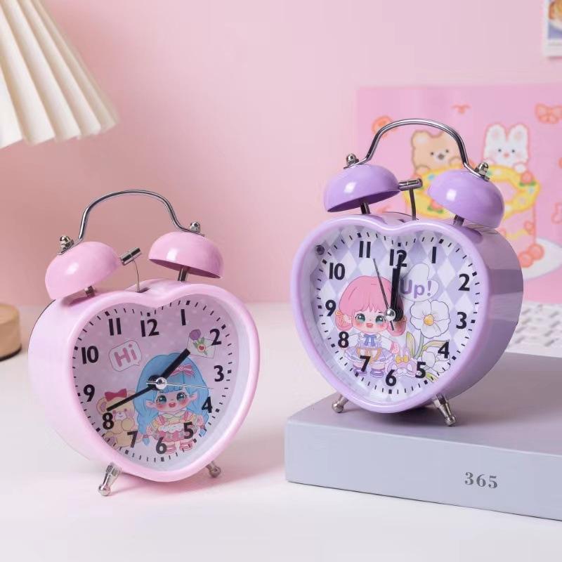 peach heart style student bell alarm clock bedroom bedside night light little alarm clock digital cartoon children living room clock decoration details Picture