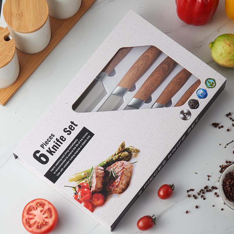 kitchen knife kit new wood grain handle stainless steel knife with knife holder gift 6-piece set knife details Picture
