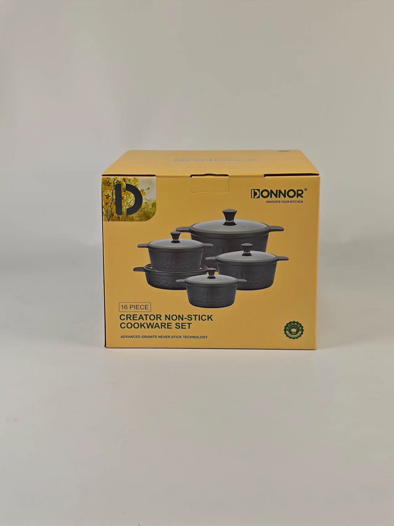 Chuangli Series 16-piece set :20/24/28/32 soup POTS, 28 shallow soup POTS, 2 pairs of silicone ear covers, 2 silicone LIDS, silicone spatulas on the bottom, stacked with 5 layers of silver foil boxes, black, pink and green Application Scenario