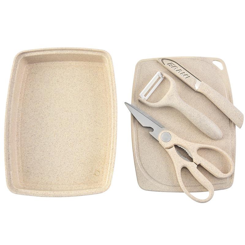 New Kitchen Knife Hairdressing Tools Five-Piece Set Wheat Straw Fruit Knife Scissors Planer Household Complementary Food Chopping Board Outdoor Portable Case Item Picture
