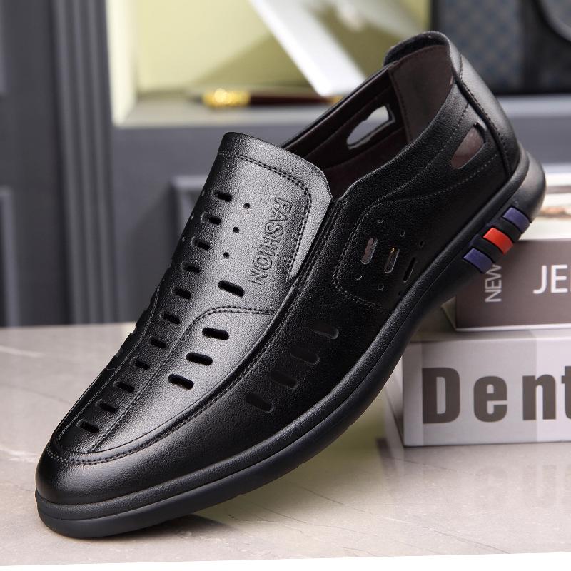 summer leather shoes men's soft bottom soft leather low top driving shoes hollow breathable cowhide casual daddy's shoes one piece dropshipping