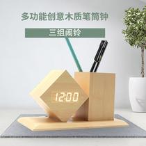 wooden pen holder desktop multifunctional electronic clock student gift led brush pot-shaped alarm clock creative mute