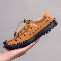 New Men's Sandals Summer Hollow-out Leather Sandals Closed Toe Hole Shoes Soft Bottom Beach Shoes Casual Men Shoes