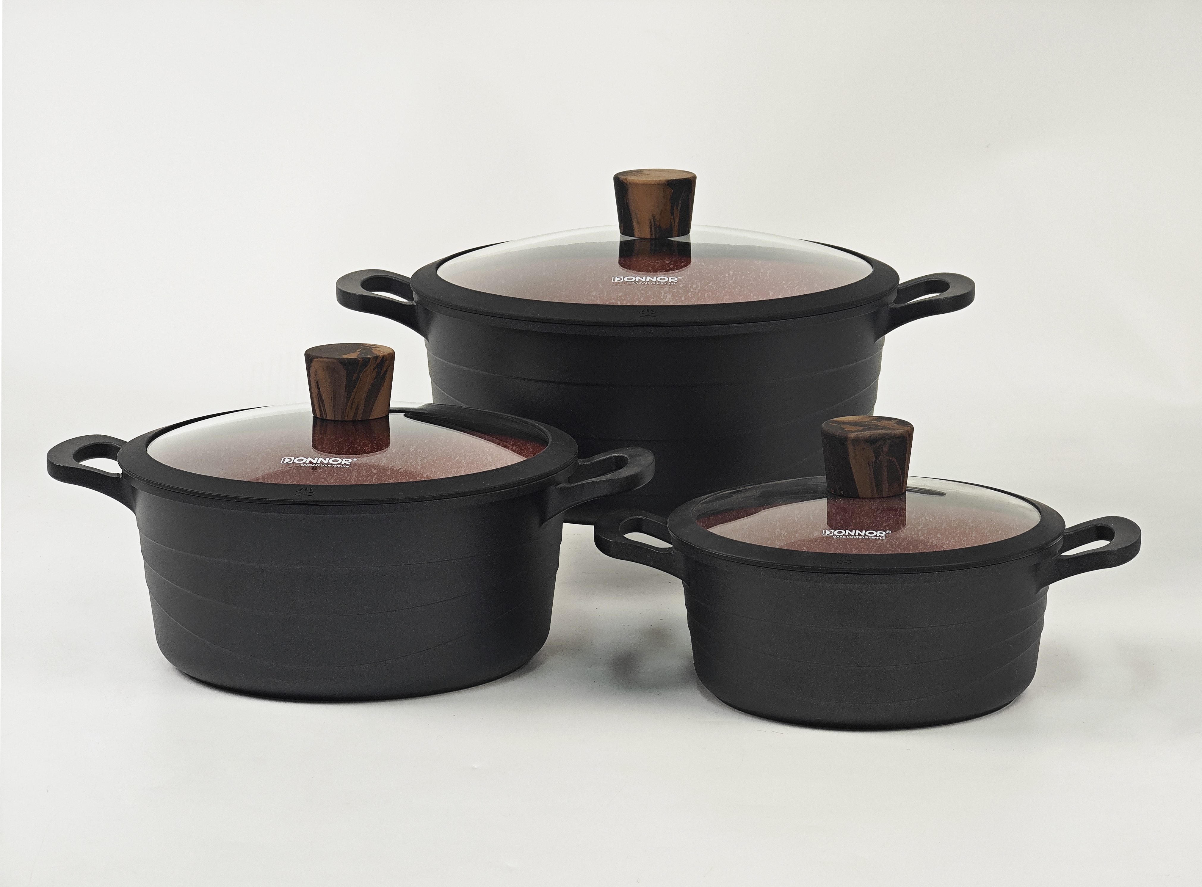 Wave Series 6-piece set Large set 24CM-28CM-32CM soup pot silicone lid bottom stacked five-layer silver-embossed color box (black, gray, ivory white)