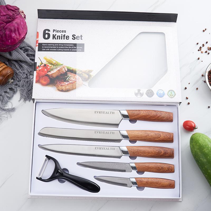 kitchen knife kit new wood grain handle stainless steel knife with knife holder gift 6-piece set knife Item Picture