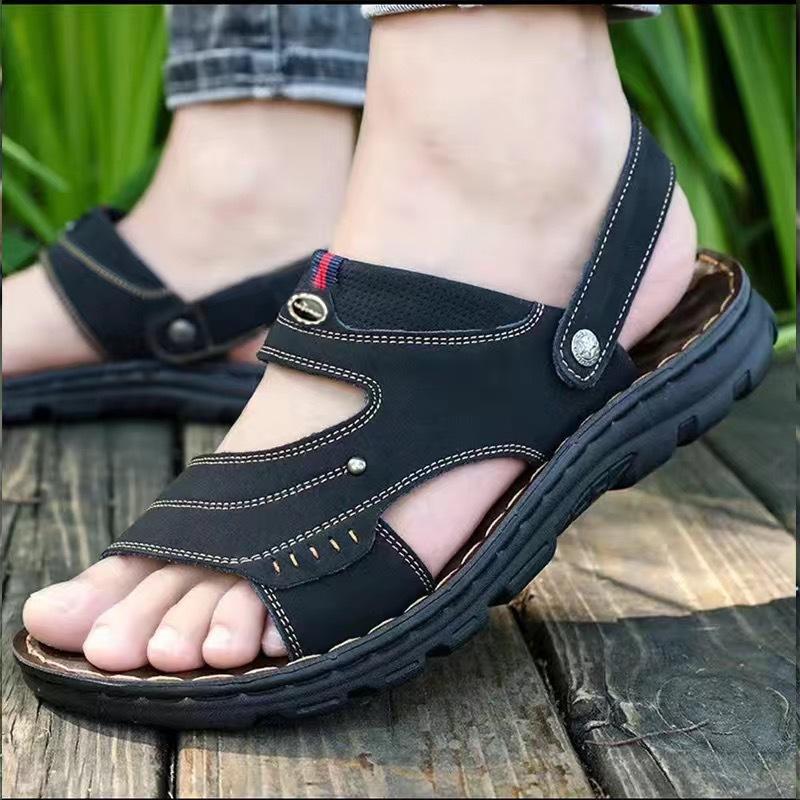 men's sandals 2024 summer new men's leather daddy's shoes for middle-aged and elderly people soft bottom casual black beach slippers