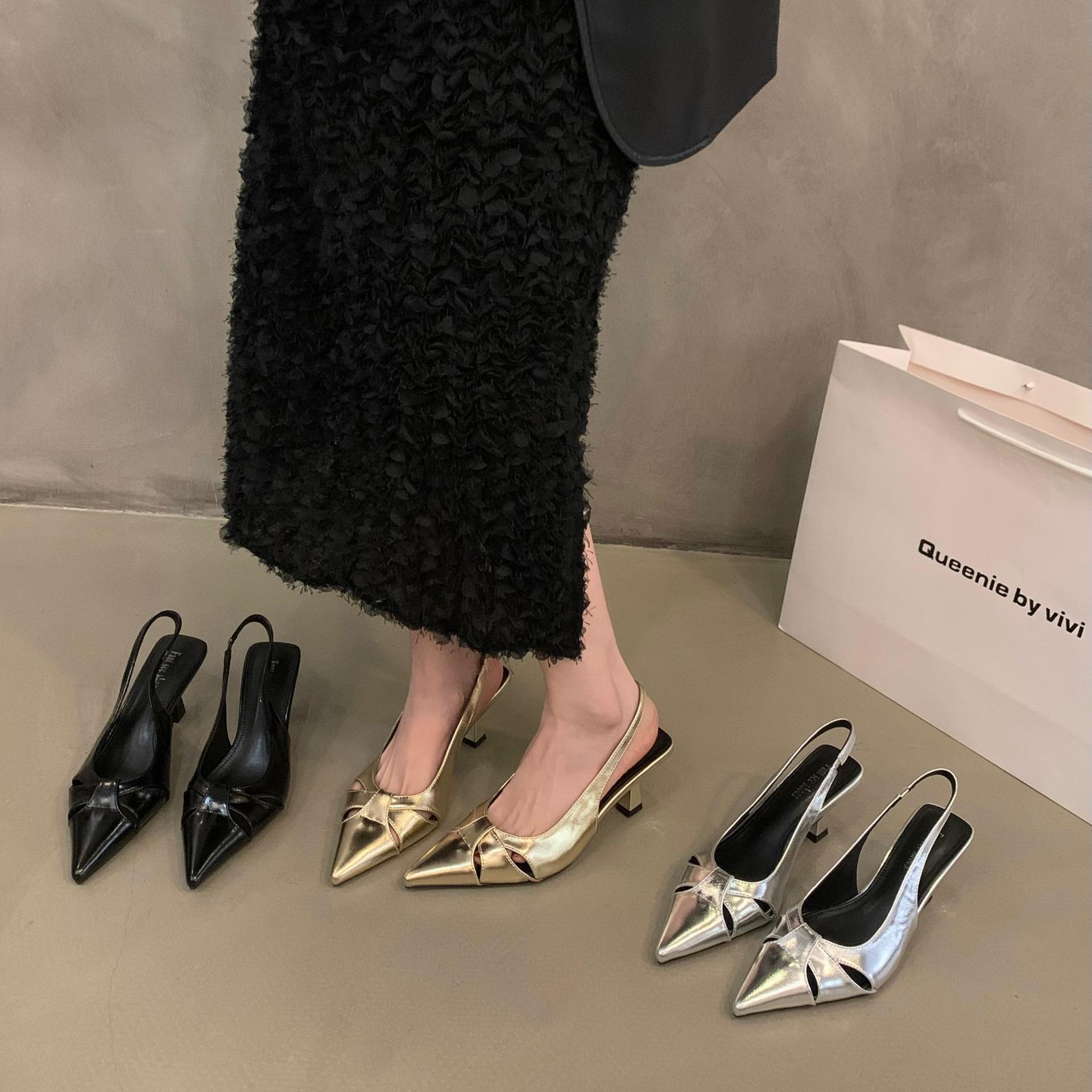 french style temperament ladies black high-heeled closed toe sandals women's shoes 2023 new summer pointed toe silver pumps