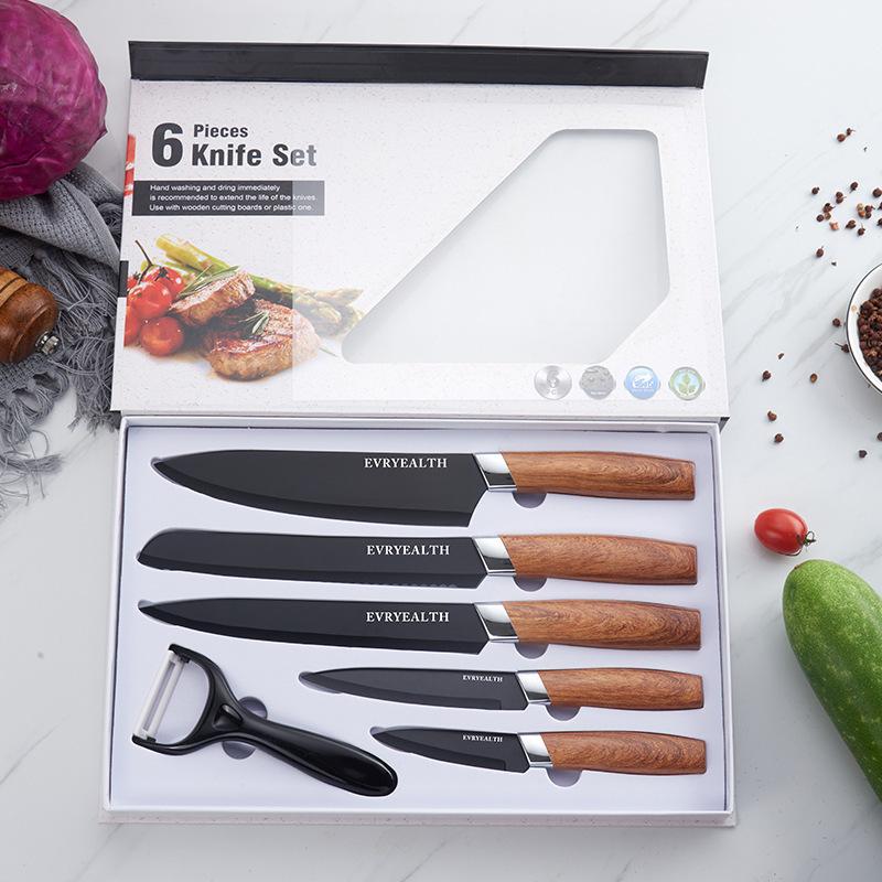 kitchen knife kit new wood grain handle stainless steel knife with knife holder gift 6-piece set knife full figure
