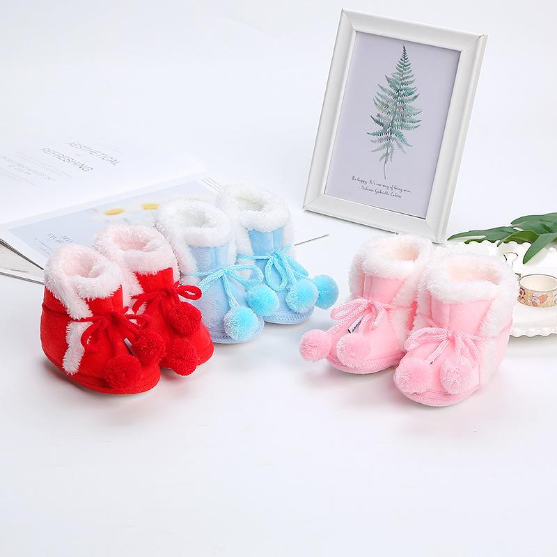 winter high-top fur ball baby's shoes toddler shoes velvet toddler shoes autumn and winter support baby shoes subnet red soft bottom non-slip