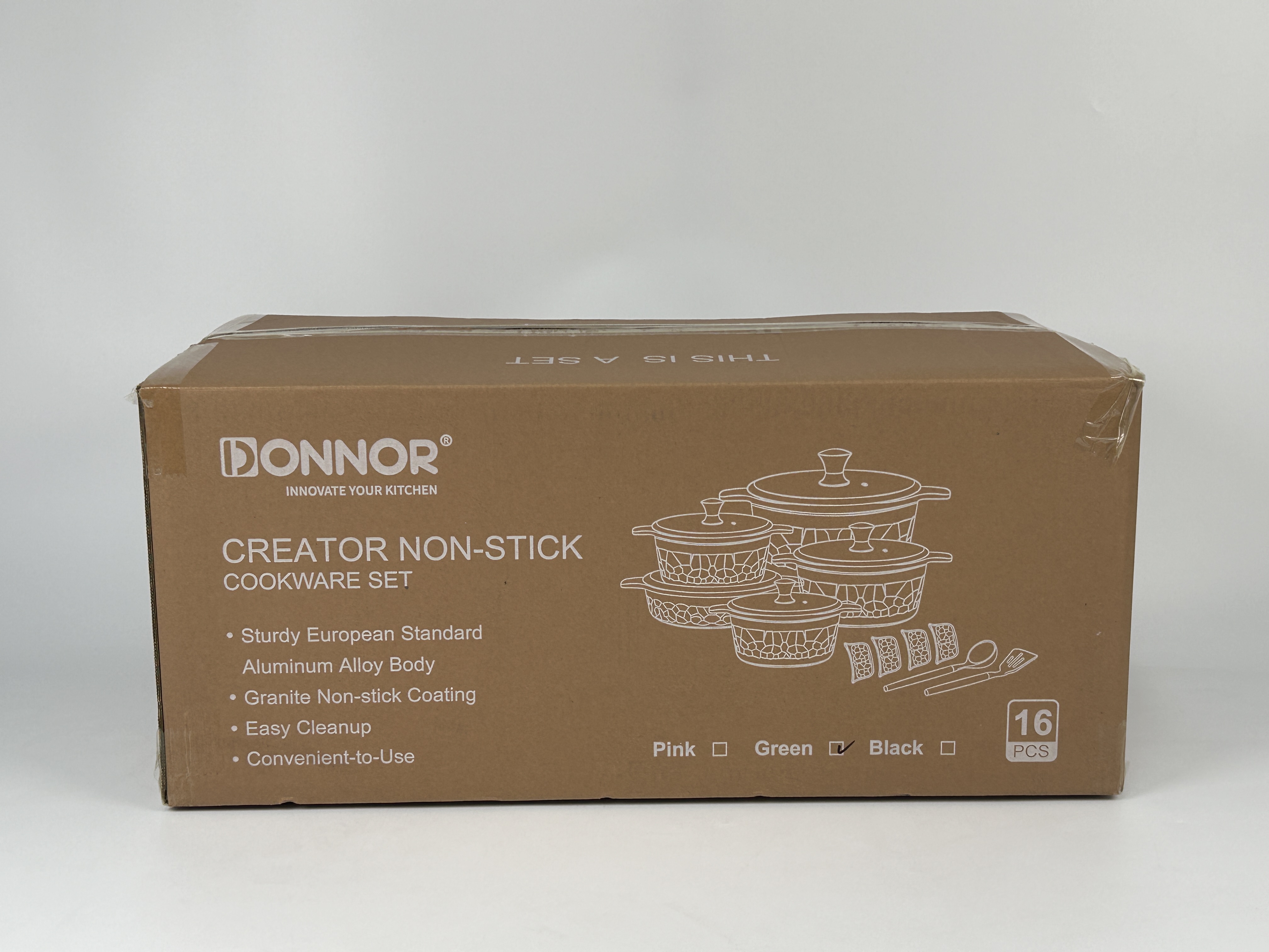 Chuangli Series 16-piece set :20/24/28/32 soup POTS, 28 shallow soup POTS, 2 pairs of silicone ear covers, 2 silicone LIDS, silicone spatulas on the bottom, stacked with 5 layers of silver foil boxes, black, pink and green Item Picture