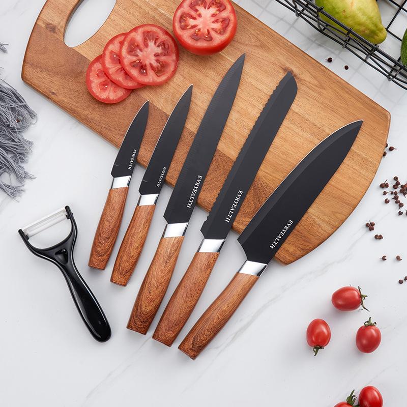 kitchen knife kit new wood grain handle stainless steel knife with knife holder gift 6-piece set knife Specification drawing