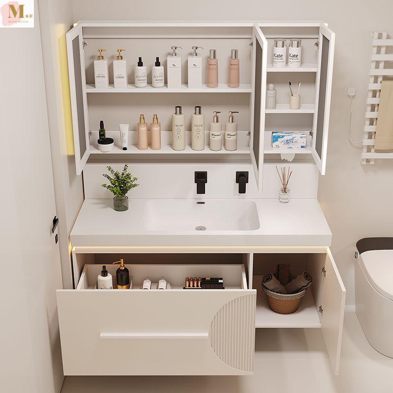 cosmetic mirror bathroom cabinet combination smart washbasin cabinet combination floor ceramic integrated skin feeling integrated wash basin details Picture