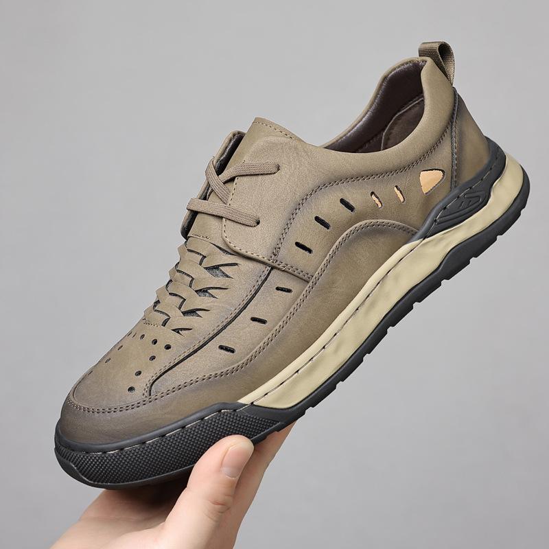 2024 sandals men's spring and summer new casual hollow men's shoes breathable perforated leather shoes non-slip soft bottom daddy's shoes