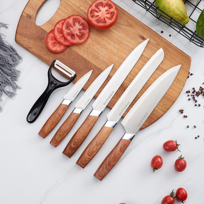 kitchen knife kit new wood grain handle stainless steel knife with knife holder gift 6-piece set knife Application Scenario
