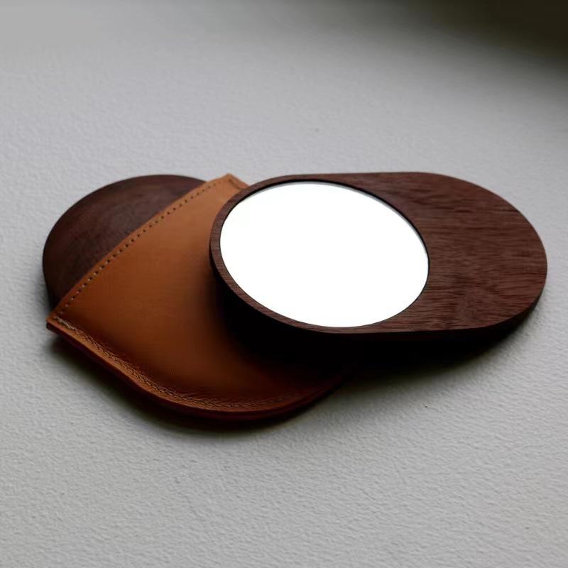 advertising portable card makeup mirror student pu leather wooden metal stainless steel handheld mirror manufacturer logo details Picture