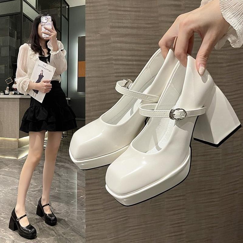 2023 summer new square toe universal shallow mouth buckle leather shoes mary jane women's shoes chunky heel high heels pumps