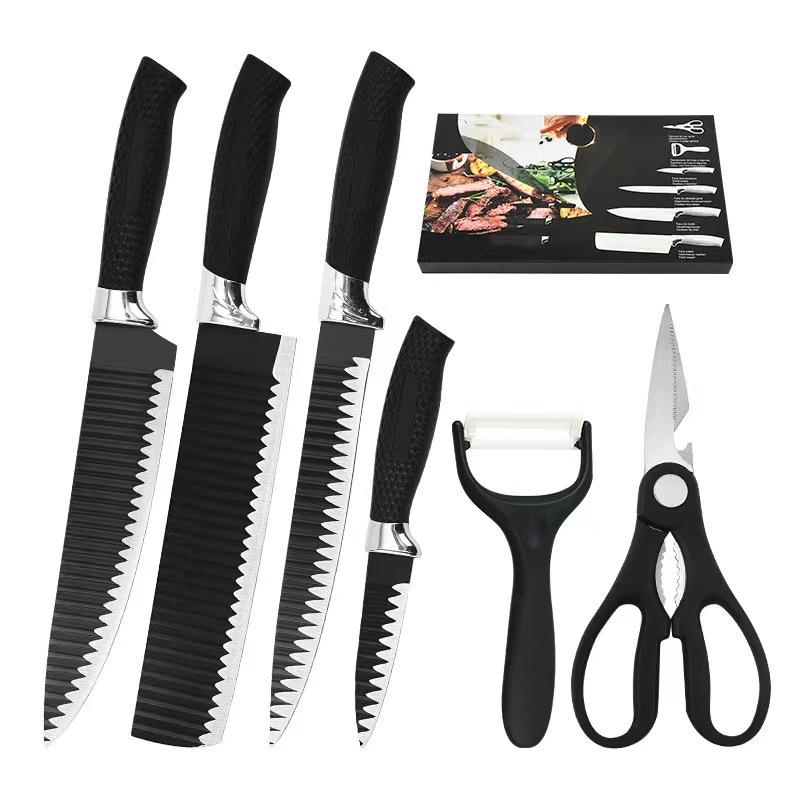 factory direct sales mesh handle six-piece knife set stainless steel embossing knife chef knife kitchen knife fruit knife paring knife scissors Application Scenario